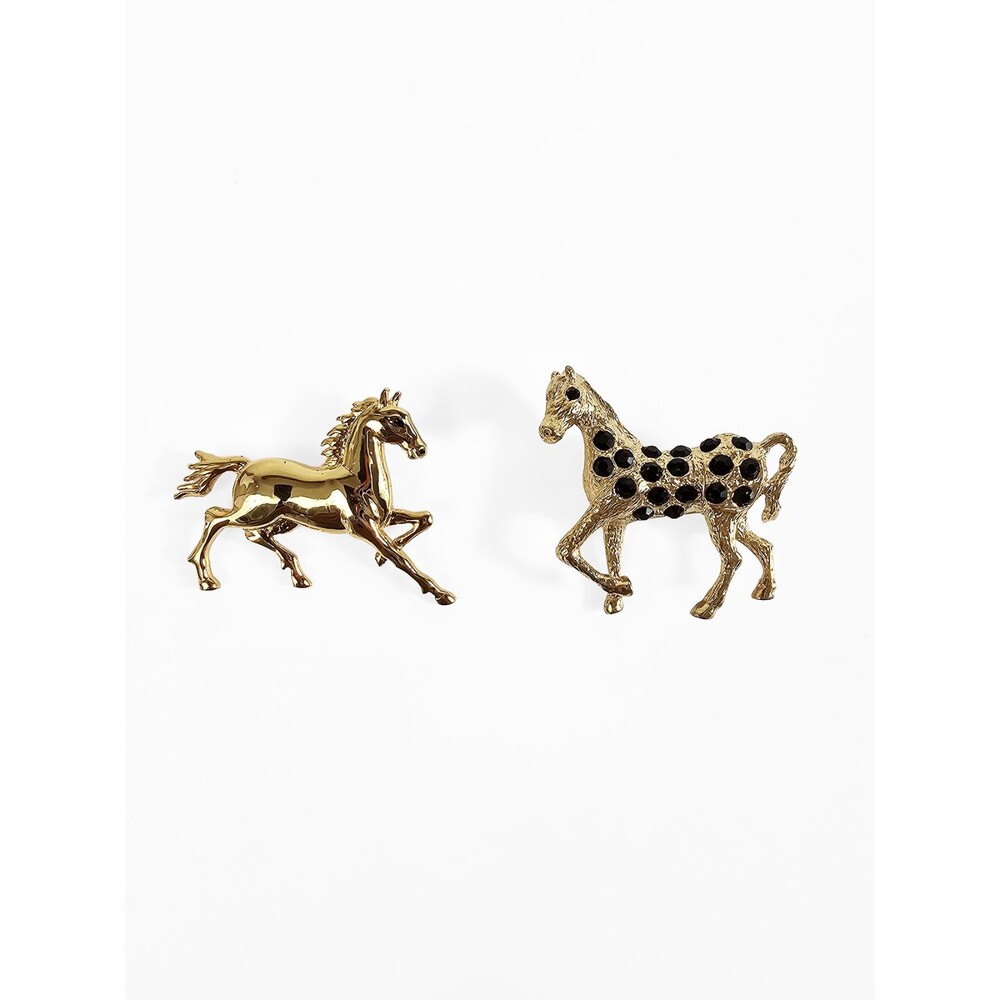 Vintage Horse Running Galloping Gold Tone Brooches Pins Bundle of 2